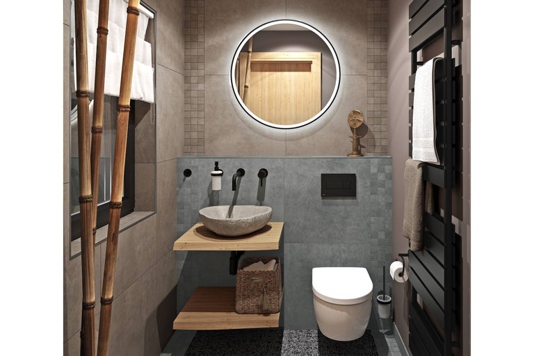 Salle de bain moderne avec lavabo, miroir, toilettes et sèche-serviettes