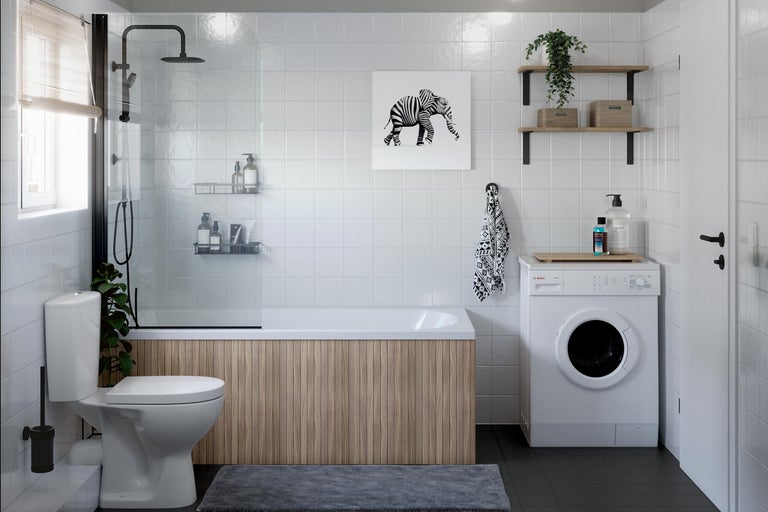 Salle de bain moderne avec douche, baignoire, toilettes et machine à laver