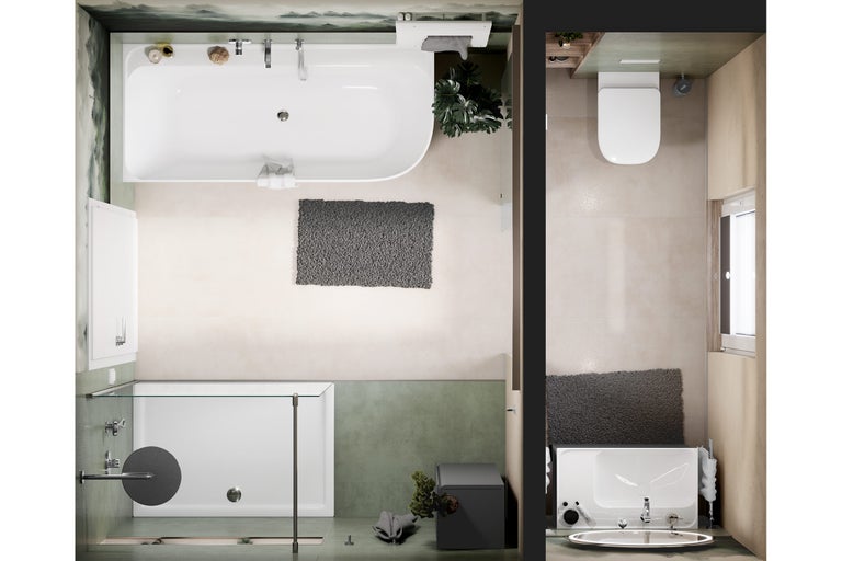 Ansicht von oben eines Badezimmers mit Badewanne, Dusche und Toilette