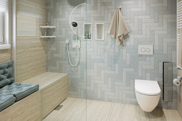 Salle de bain moderne avec douche, WC et banc