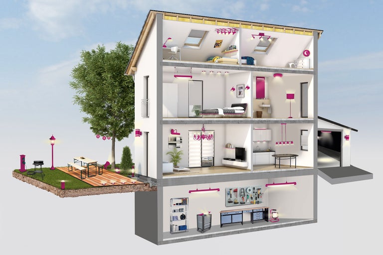 Illustration eines Hauses im Querschnitt mit Garten und Garage, das verschiedene Wohnbereiche und Beleuchtungslösungen zeigt