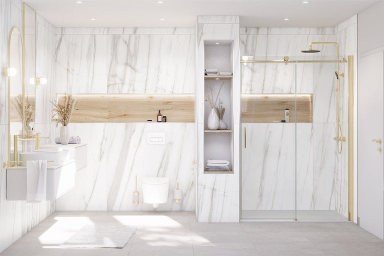 Modernes Badezimmer mit Marmorfliesen, Dusche, Waschtisch und Toilette