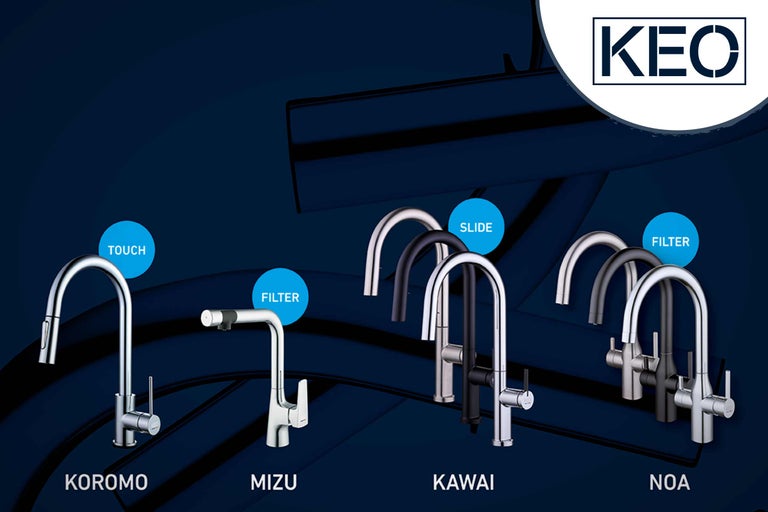 Divers robinets de cuisine KEO, y compris les modèles Koromo, Mizu, Kawai et Noa.