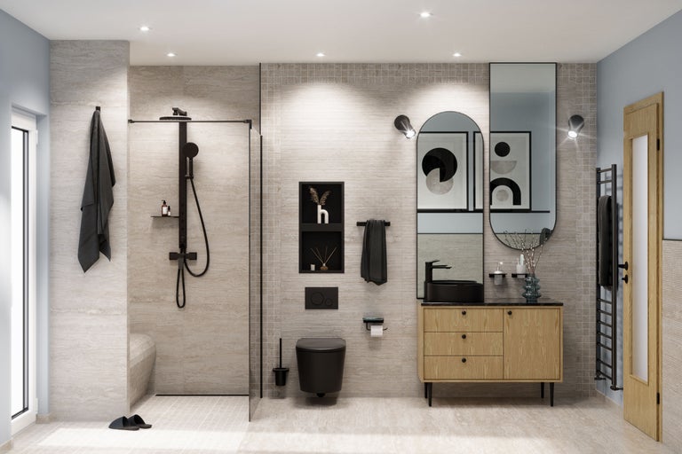 Modernes Badezimmer mit Dusche, Waschtisch, Spiegel und Toilette.