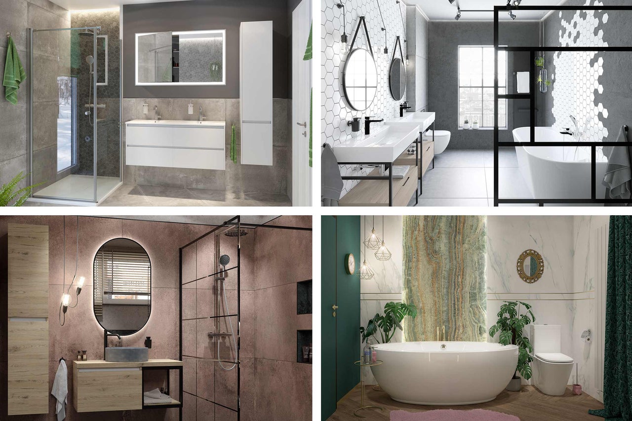 Collage verschiedener Badezimmerdesigns mit unterschiedlichen Stilen und Badmöbeln.