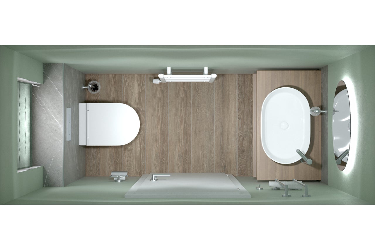 Badezimmeransicht von oben mit Toilette, Badewanne, Dusche und Waschbecken