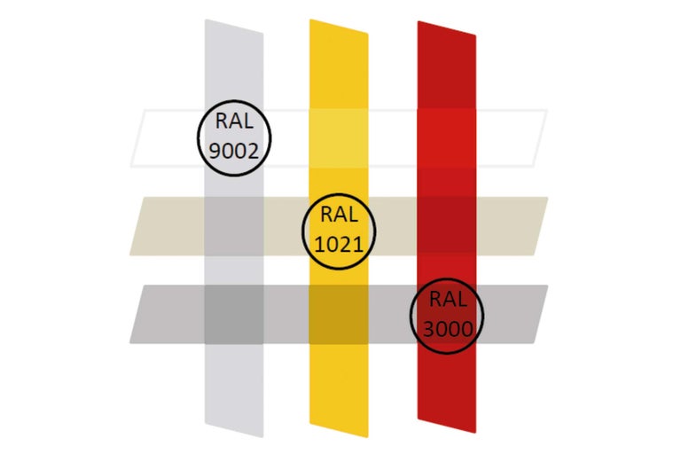 RAL-Farbtöne 9002, 1021 und 3000 zur Farbauswahl