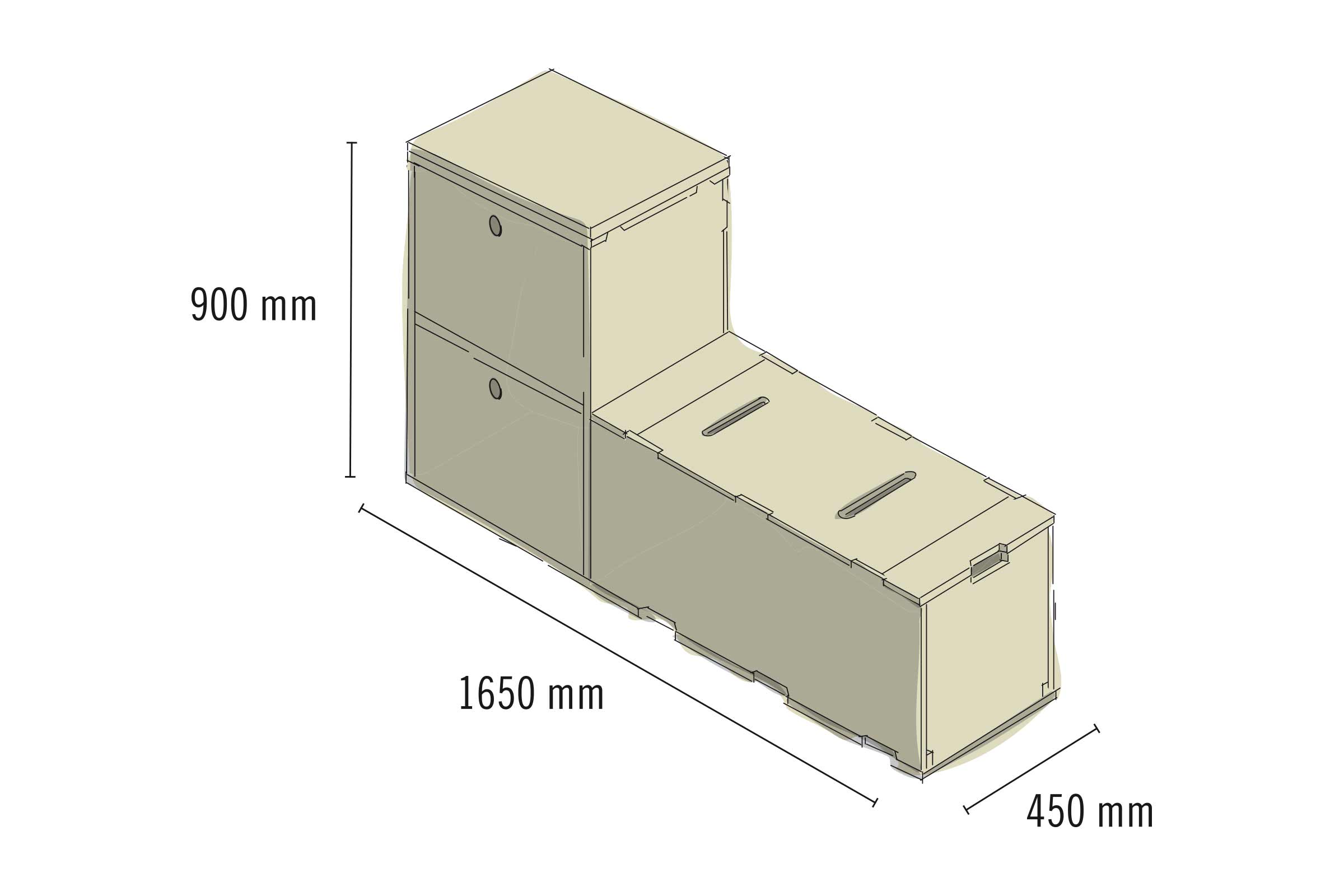 Illustration d'un système de rayonnage mesurant 900 mm de haut, 1650 mm de long et 450 mm de large