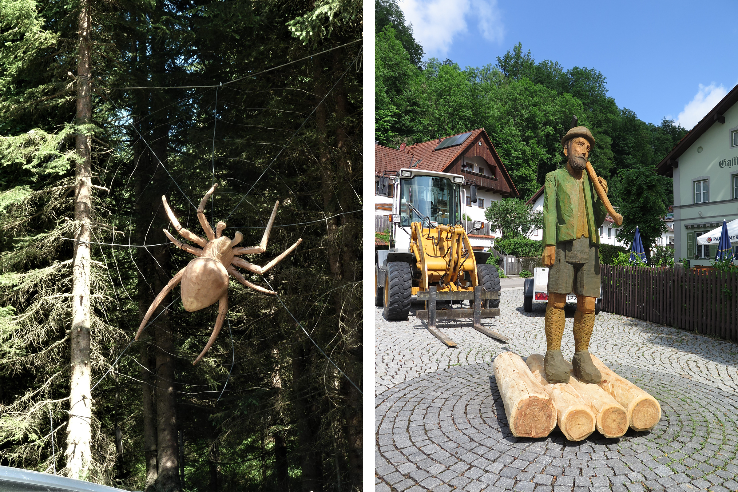 Araignée décorative en bois dans une toile d'araignée entre des arbres et statue en bois d'un homme sur un tronc d'arbre