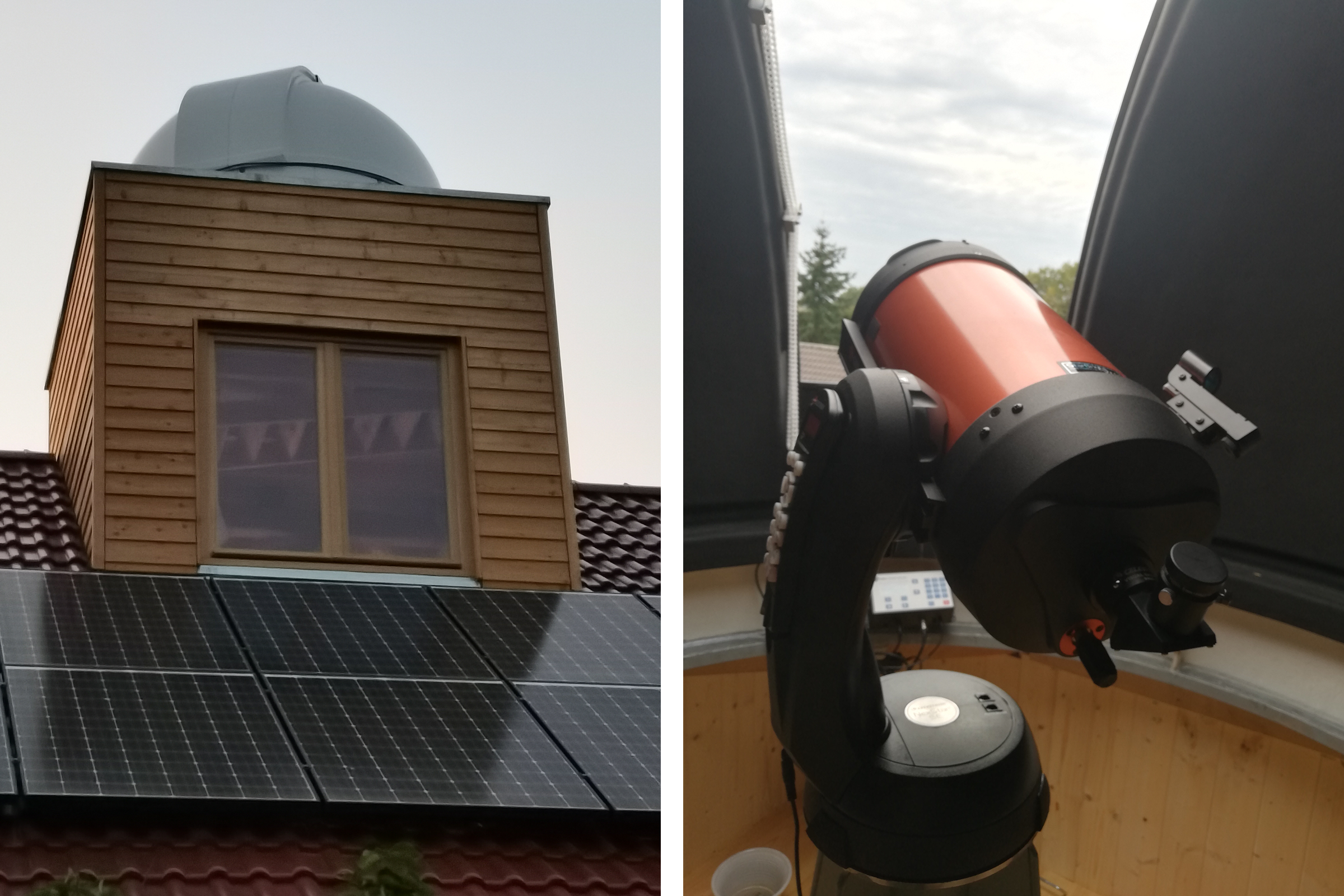 Une maison avec des panneaux solaires et un télescope pour l'observation des étoiles.