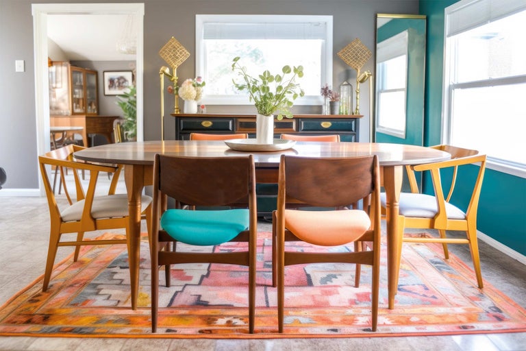 Table à manger avec chaises et tapis dans une salle à manger.