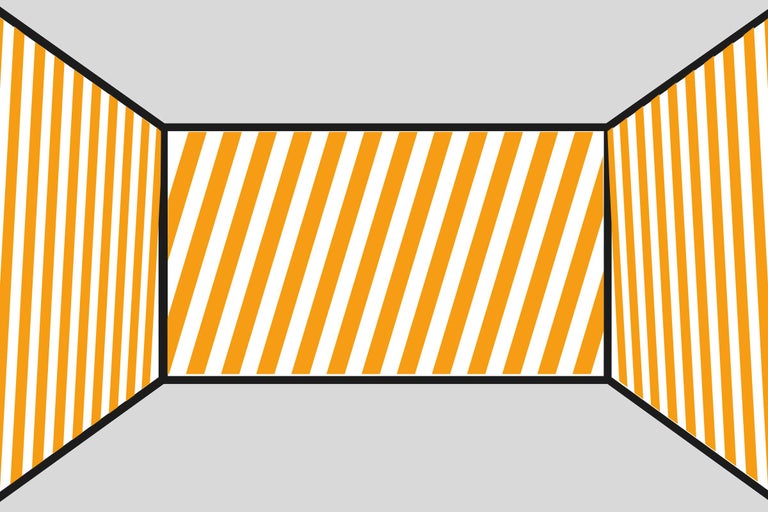 Représentation graphique d'une pièce avec des bandes d'avertissement jaunes et blanches