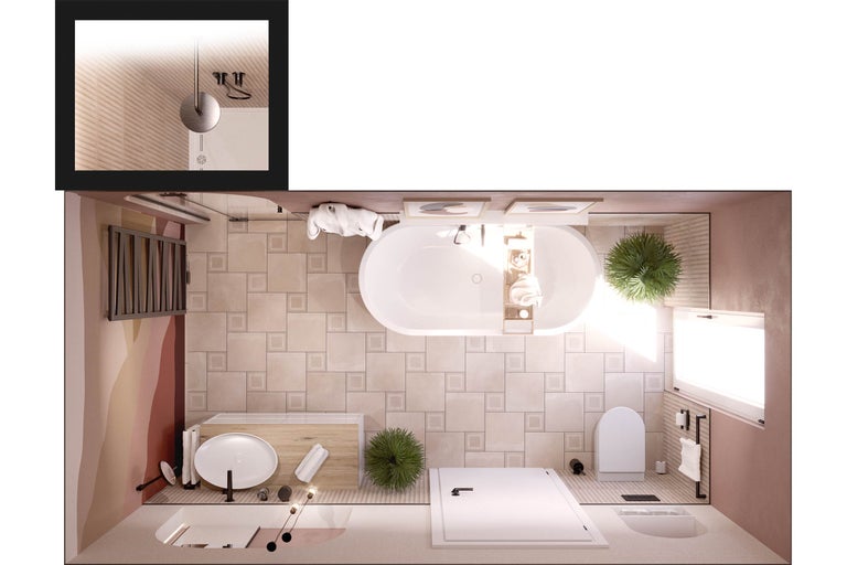 Vue de dessus d'une salle de bains avec baignoire, toilettes, lavabo et sèche-serviettes.