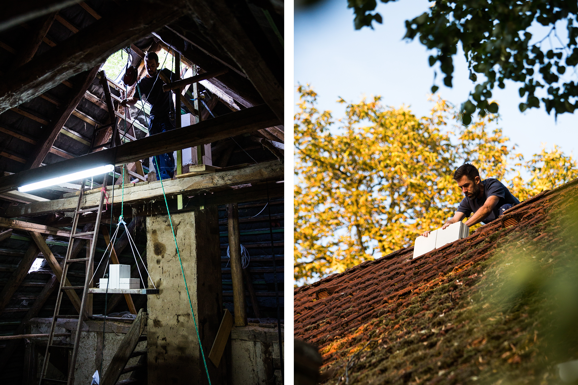 Image en deux parties : grenier avec un homme qui monte des matériaux de construction ; homme sur le toit avec des matériaux de construction.