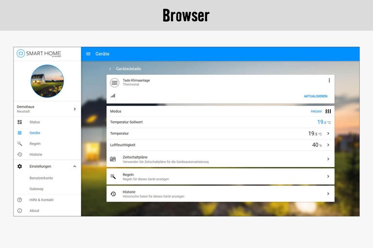 Browseransicht der Smart Home App mit Tado Klimaanlage Thermostat