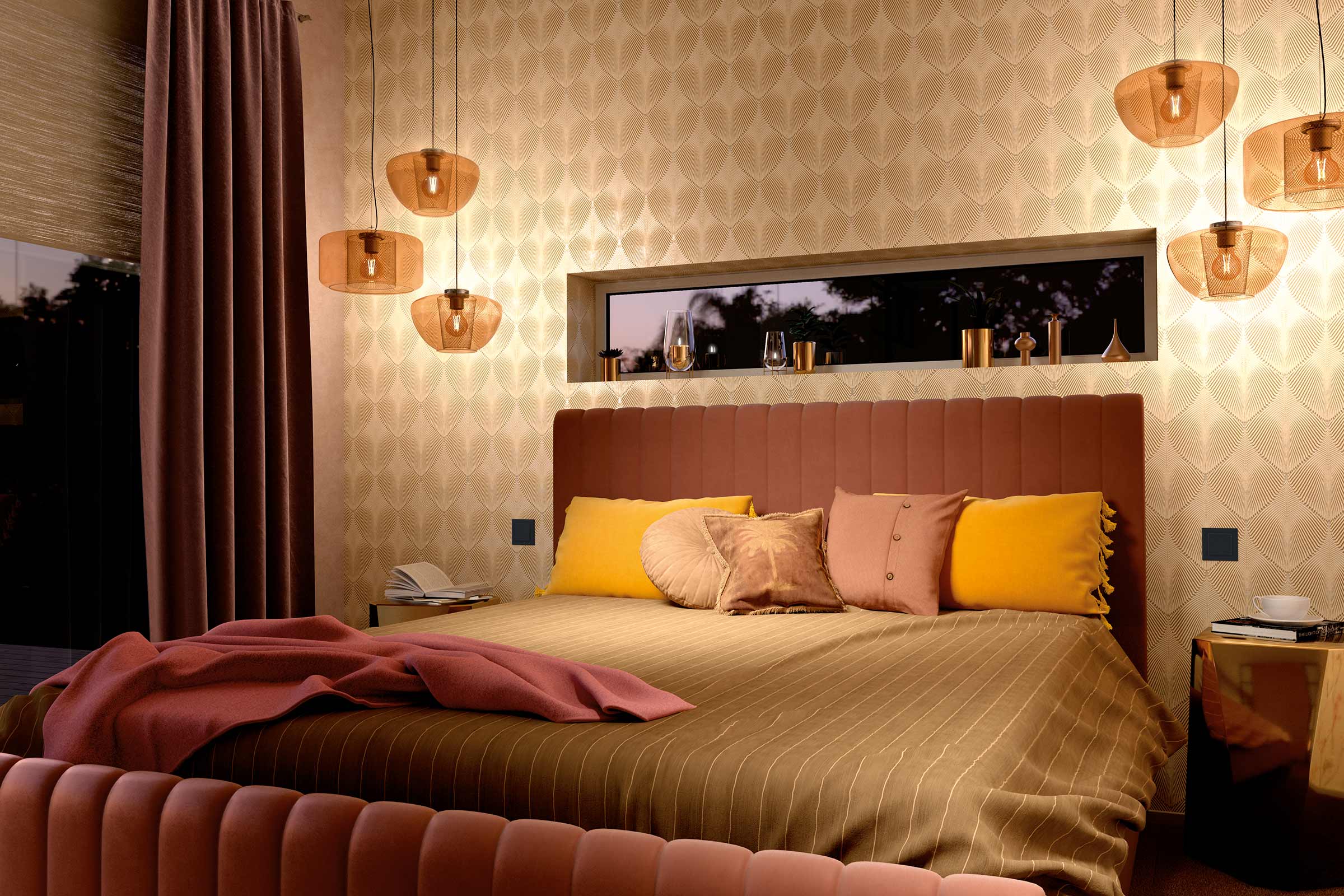 Chambre à coucher avec lit, tables de chevet et suspensions