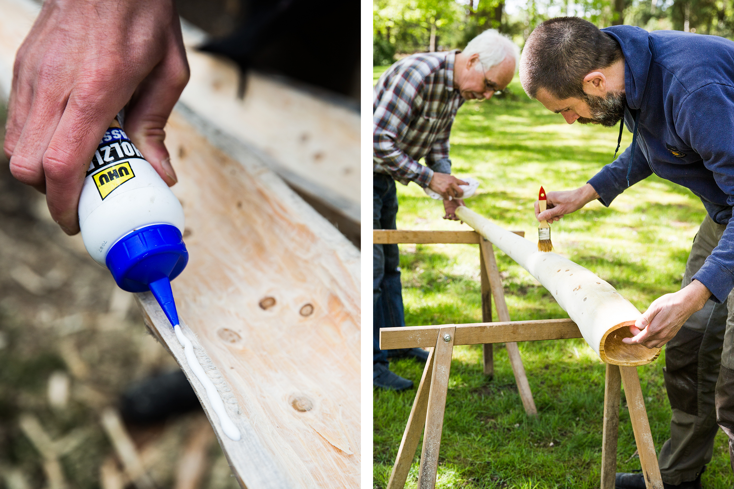 Handwerker tragen Holzleim auf Holz auf; zwei Männer bearbeiten ein hölzernes Didgeridoo im Freien.