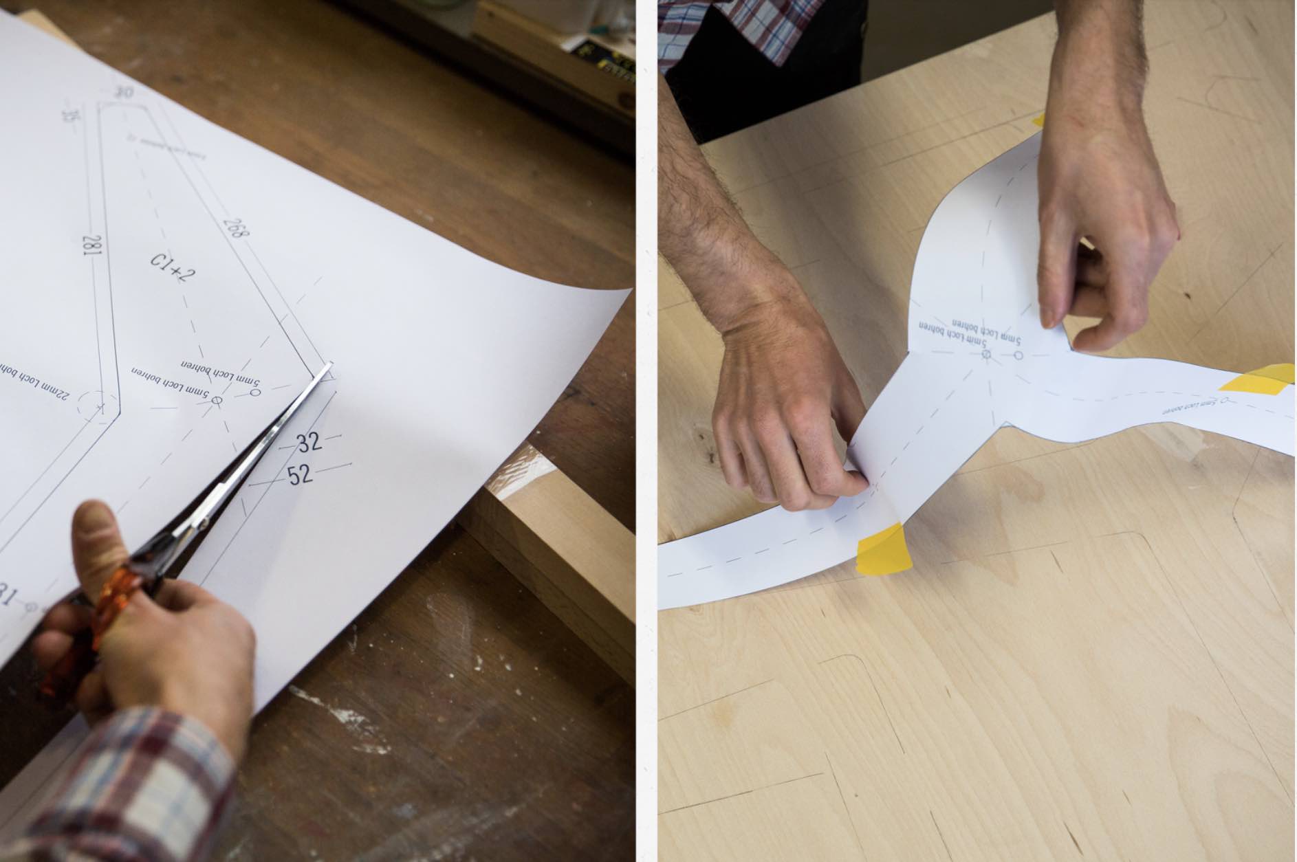 Découpe d'un modèle en papier avec des ciseaux et transfert sur une plaque de bois