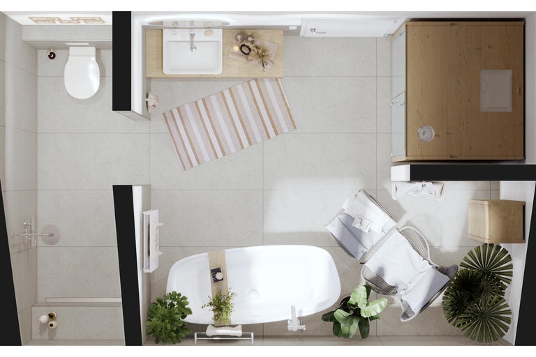 Vue aérienne d'une salle de bains avec baignoire, lavabo, toilettes et sauna