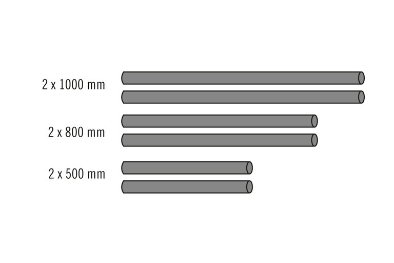 Tuyaux de différentes longueurs : 2 x 1 000 mm, 2 x 800 mm, 2 x 500 mm