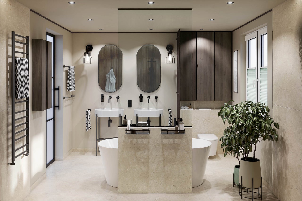 Modernes Badezimmer mit zwei ovalen Spiegeln, Doppelwaschbecken, freistehender Badewanne, dunklen Holzschränken und beigen Fliesen.