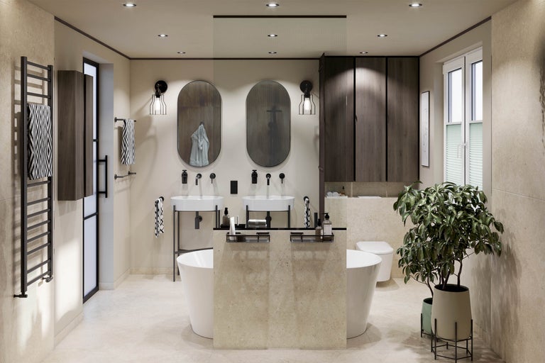 Modernes Badezimmer mit zwei ovalen Spiegeln, Doppelwaschbecken, freistehender Badewanne, dunklen Holzschränken und beigen Fliesen.
