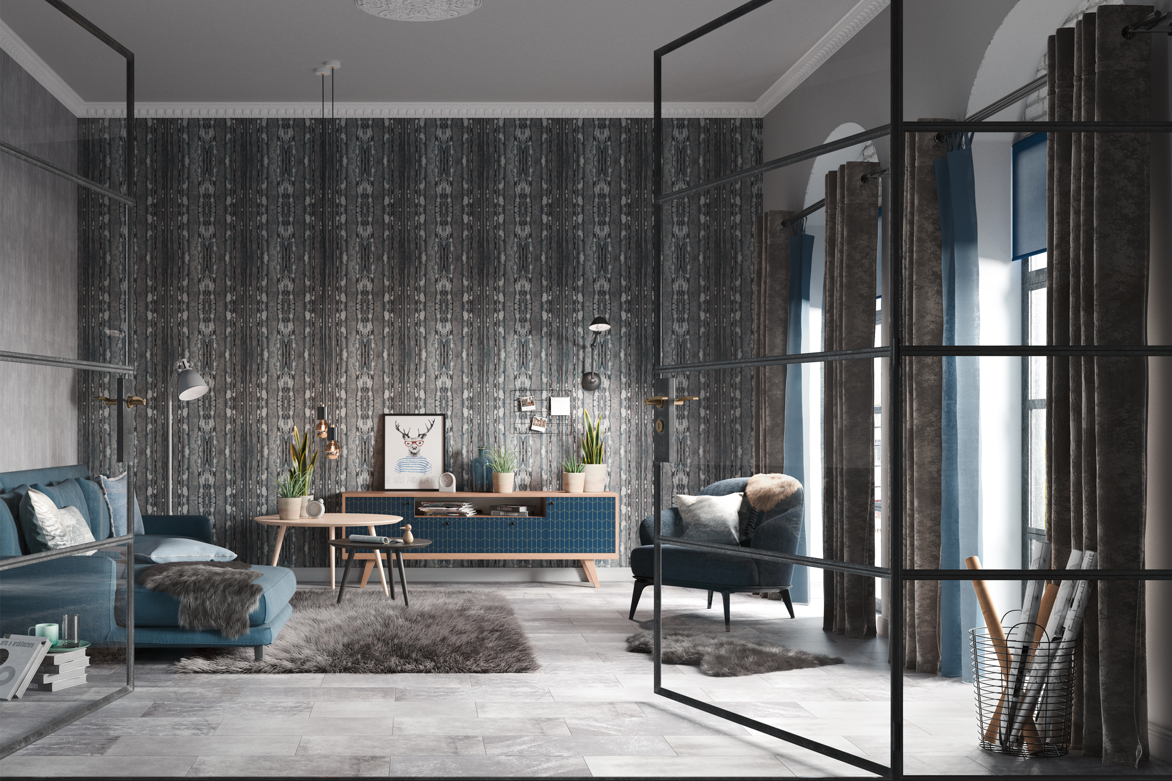 Wohnzimmer mit Sofa, Sessel, Sideboard, Couchtisch, Teppich und dekorativer Wandgestaltung für ein gemütliches Ambiente