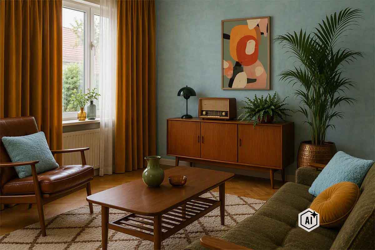Wohnzimmer im Mid Century Stil mit Holzmobiliar, Sessel, Sofa, Dekoration und Topfpflanze vor einer blauen Wand.