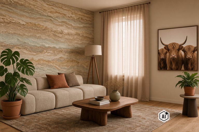 Wohnzimmer mit modernem Sofa, Couchtisch aus Holz, strukturierter Wandtapete und einem Bild von Hochlandrindern als dekoratives Einrichtungskonzept.