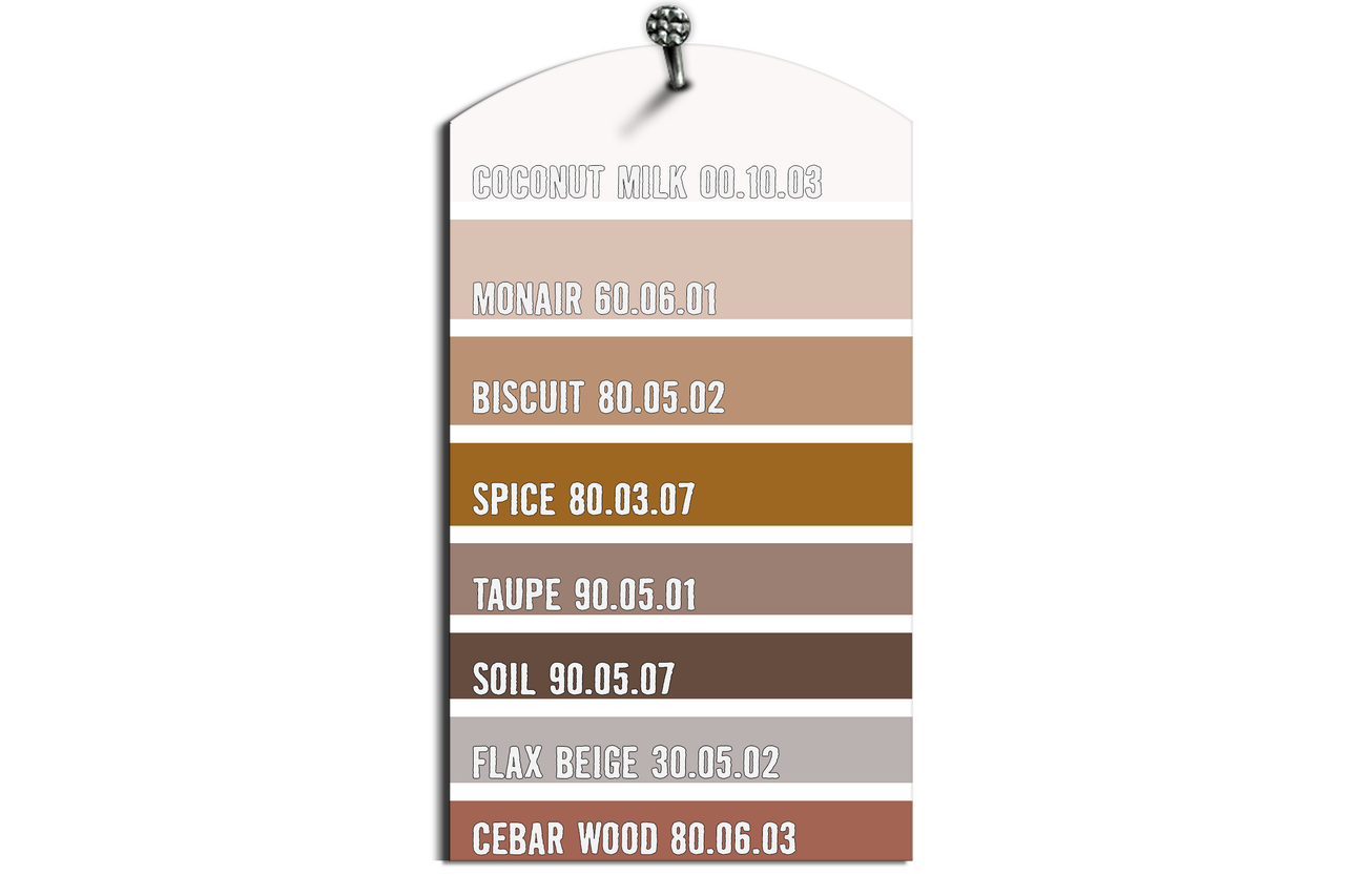 Farbkarte mit verschiedenen Beige- und Brauntönen inklusive Farbnamen und Farbcodes zur Auswahl der Wandfarbe.