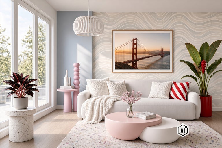 Modernes Wohnzimmer mit hellem Sofa, gemusterter Tapete, runden Couchtischen und Wandbild der Golden Gate Bridge in einem sonnendurchfluteten Raum.