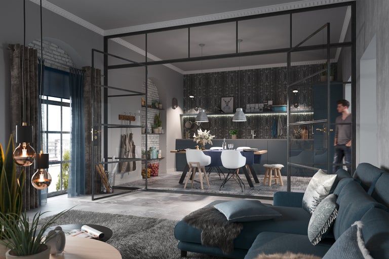 Espace de vie lumineux avec canapé, table à manger et cuisine ouverte