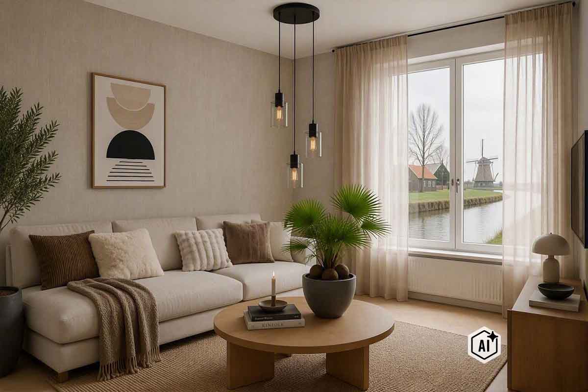 Modernes Wohnzimmer mit hellem Sofa, runden Couchtisch, Pendelleuchte und Blick auf eine Windmühle durch das Fenster.