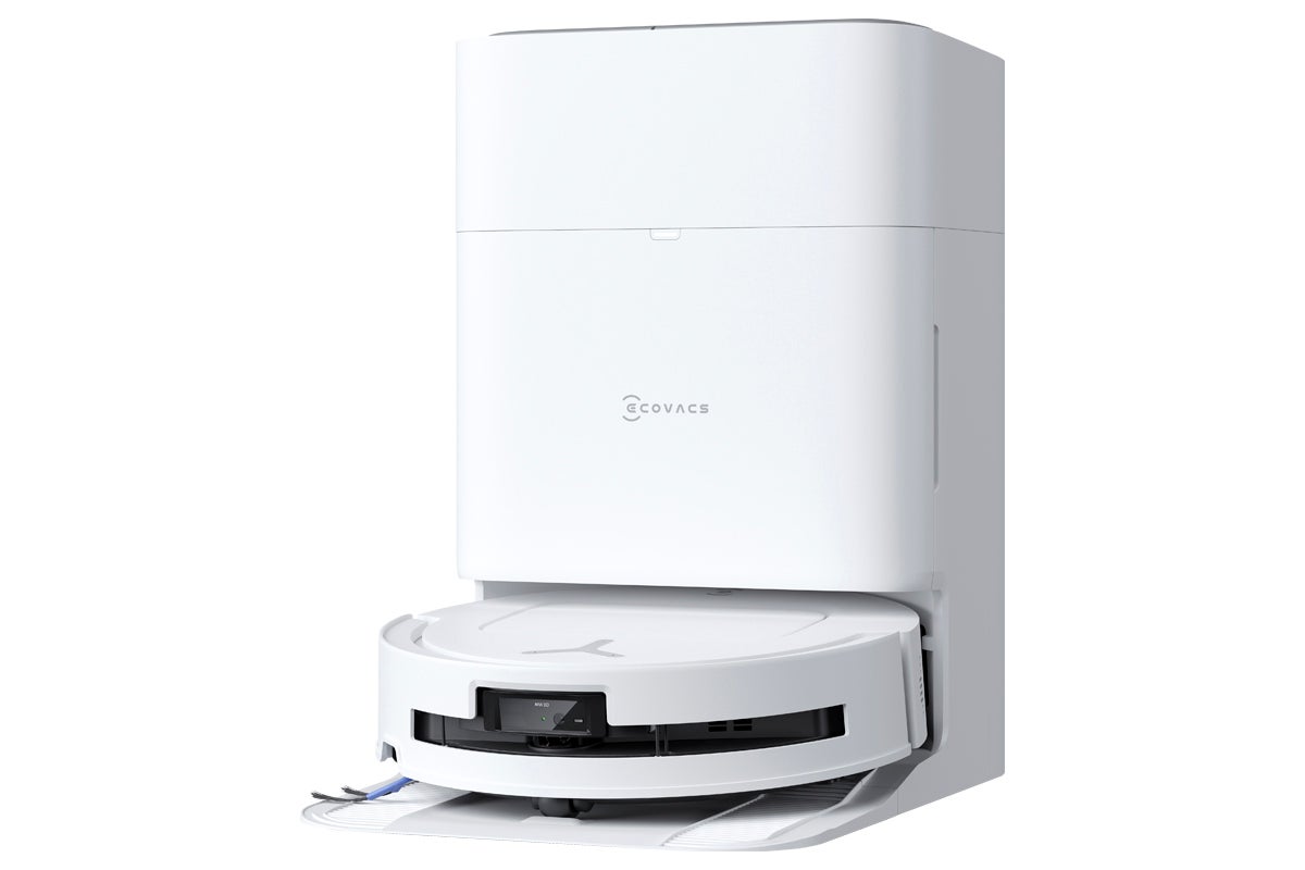 Weißer Ecovacs Saugroboter mit automatischer Reinigungsstation.