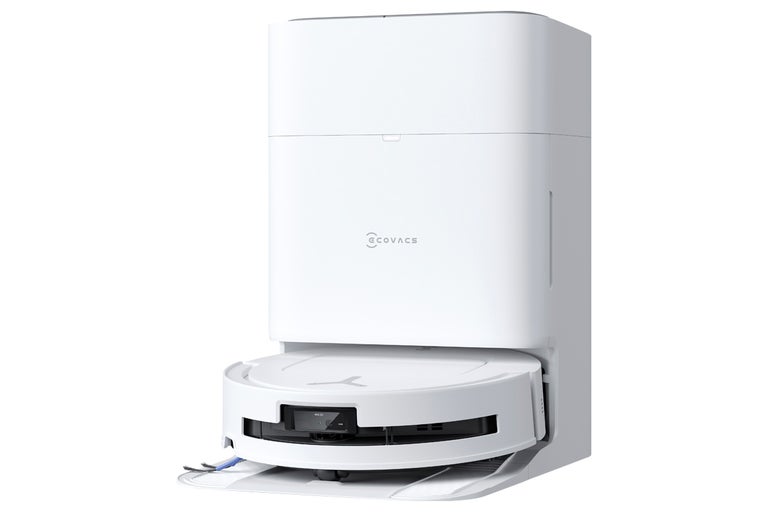 Weißer Ecovacs Saugroboter mit automatischer Reinigungsstation.