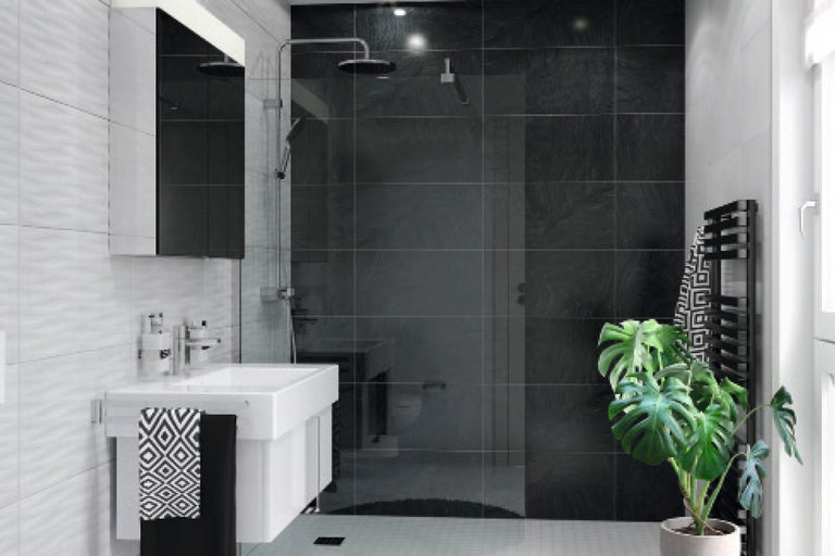 Modernes Badezimmer mit Dusche, Waschbecken und Heizkörper