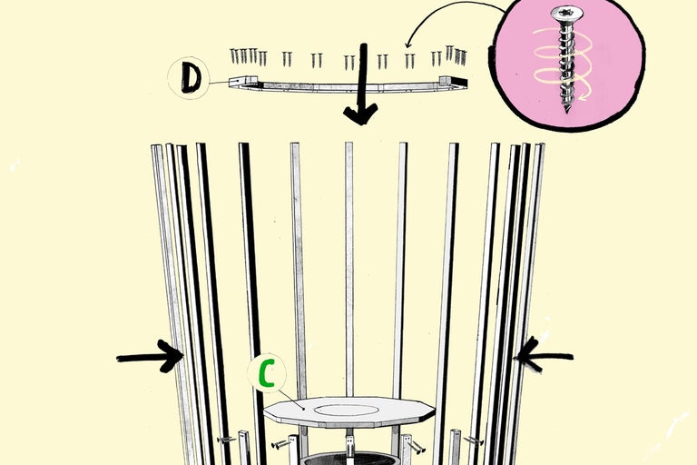 Représentation du montage d'une construction avec des vis, des entretoises et une plaque.