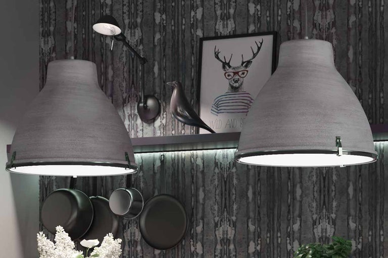 Deux suspensions grises éclairent une cuisine avec des ustensiles de cuisine et une étagère avec des décorations.