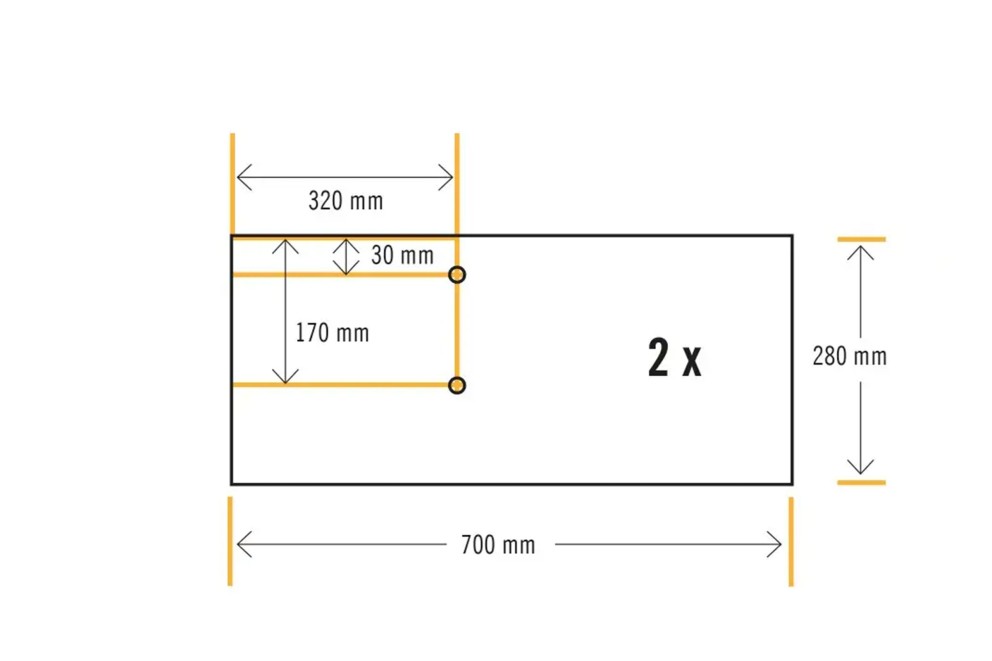 Schéma avec dimensions : 700 mm de long, 280 mm de large, 320 mm et 170 mm sur le côté gauche