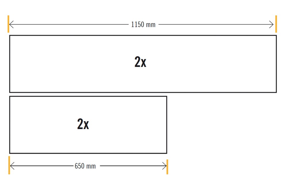 Dimensions du produit avec 2 pièces de 1150 mm et 2 pièces de 650 mm