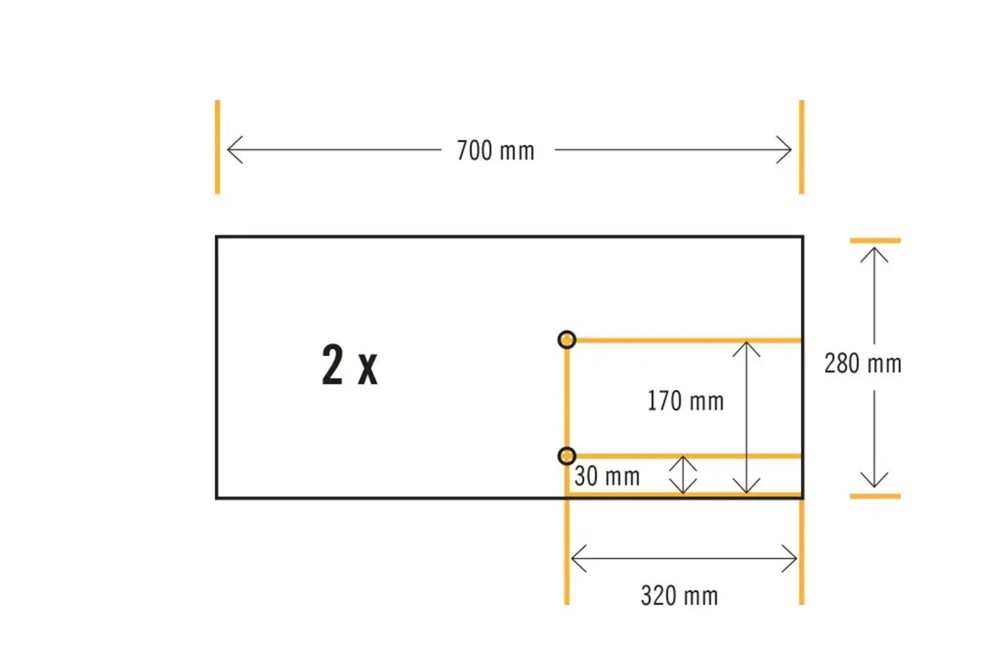 Illustration avec les dimensions 700 mm x 280 mm, découpe 320 mm x 170 mm, épaisseur du matériau 30 mm, deux pièces