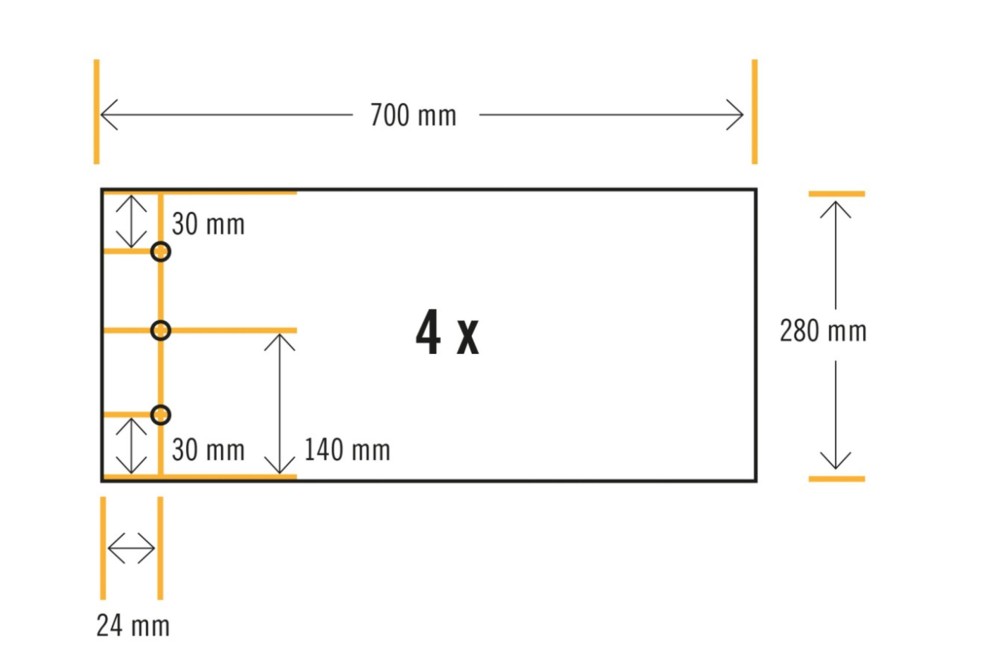 Dessin technique avec dimensions 700 mm x 280 mm, 4 pièces