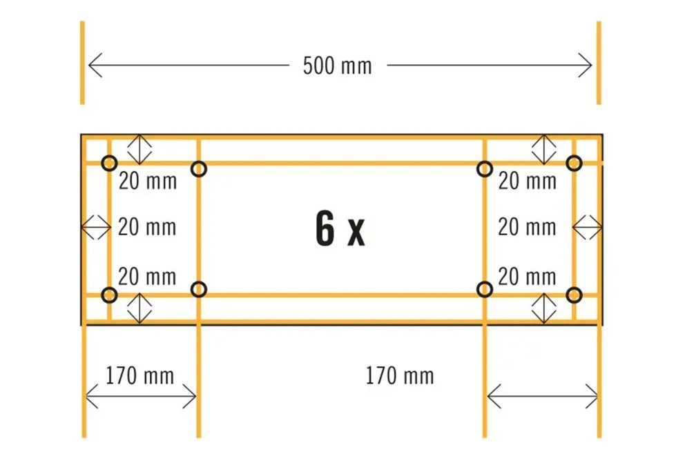 Schéma technique avec dimensions : longueur de 500 mm, espacement de 20 mm, largeur de 170 mm, nombre 6