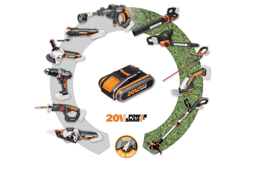 Système de batterie Worx 20 volts avec divers outils électriques pour la maison et le jardin