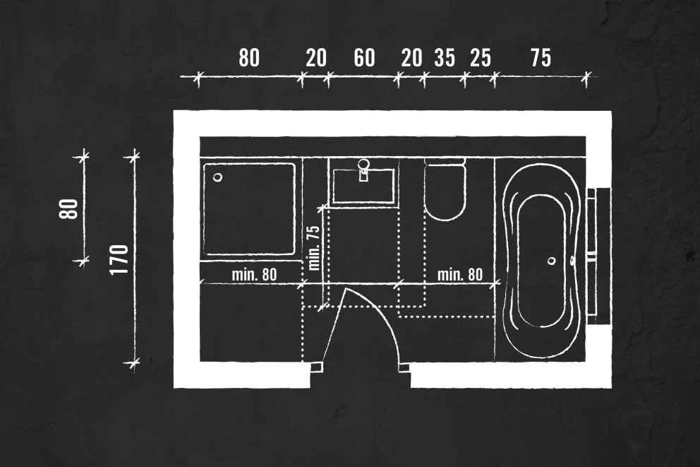 Grundriss eines Badezimmers mit Dusche, Waschbecken, Toilette und Badewanne mit Maßangaben