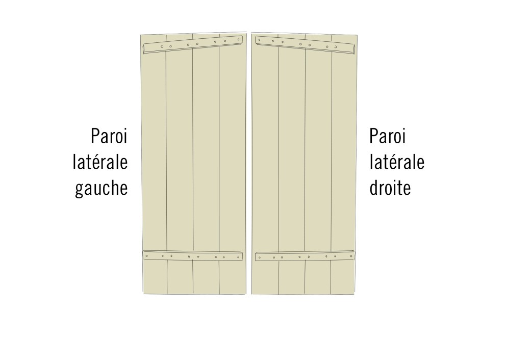 Deux panneaux latéraux avec des planches en bois et des bandes métalliques