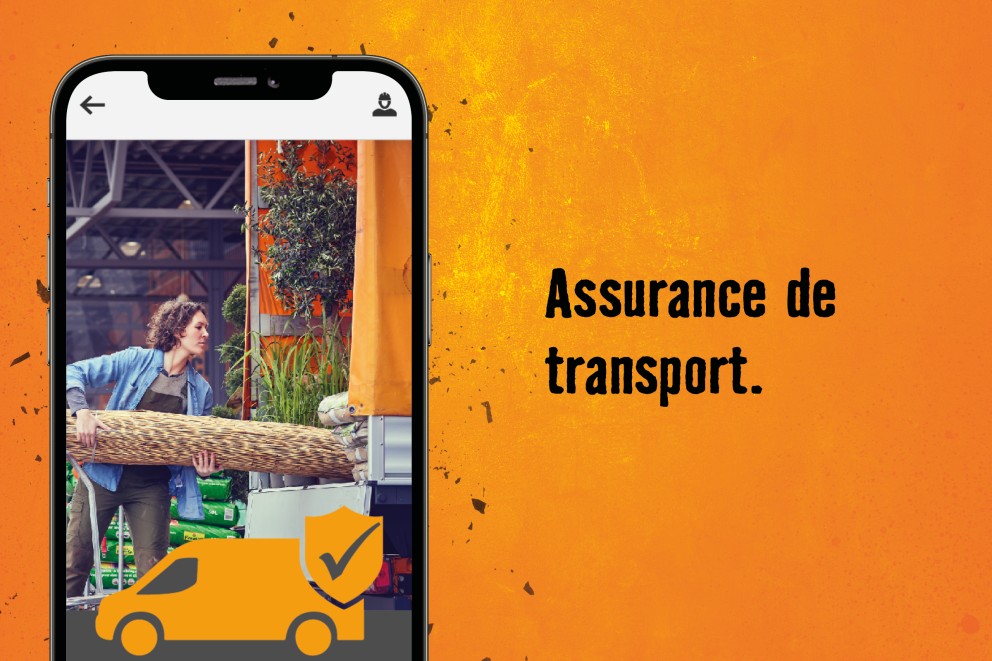 Écran de téléphone portable avec une illustration d'une femme chargeant un tronc d'arbre dans une camionnette, à côté du texte assurance transport.