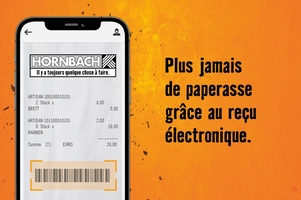 Smartphone affichant l'application Hornbach avec reçu numérique