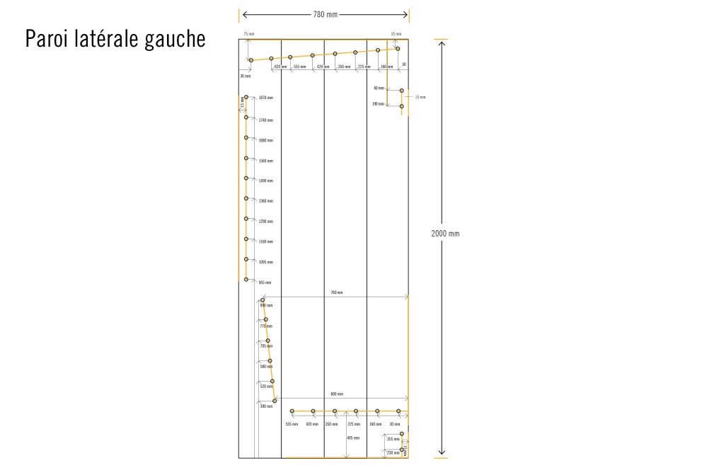 Dessin technique d'une paroi latérale gauche avec des dimensions en millimètres