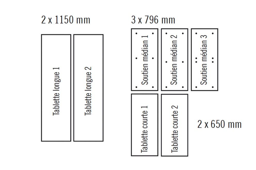 Illustration avec deux longues étagères de 1150 mm, trois supports centraux de 796 mm et deux courtes étagères de 650 mm.